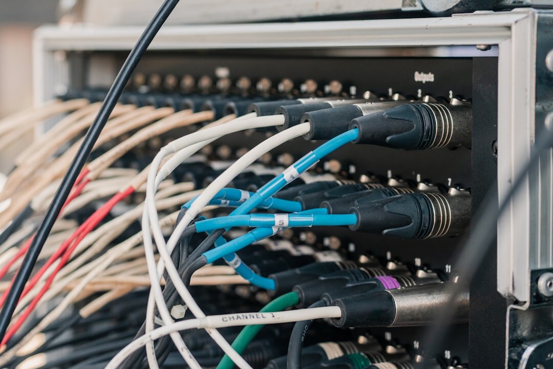Audio cables and patch bay routing in studio