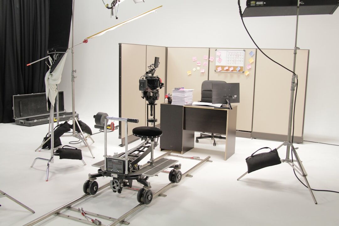 Modern broadcast studio with professional lighting and equipment
